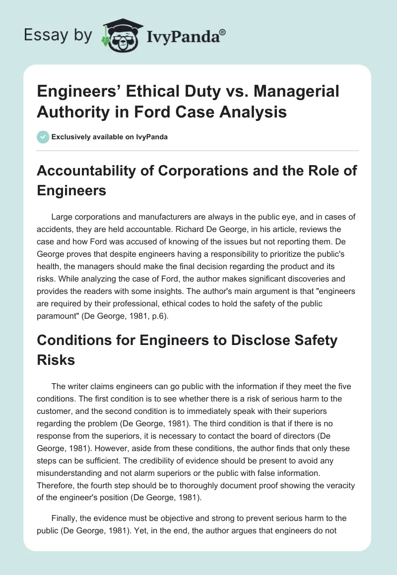 Engineers’ Ethical Duty vs. Managerial Authority in Ford Case Analysis. Page 1