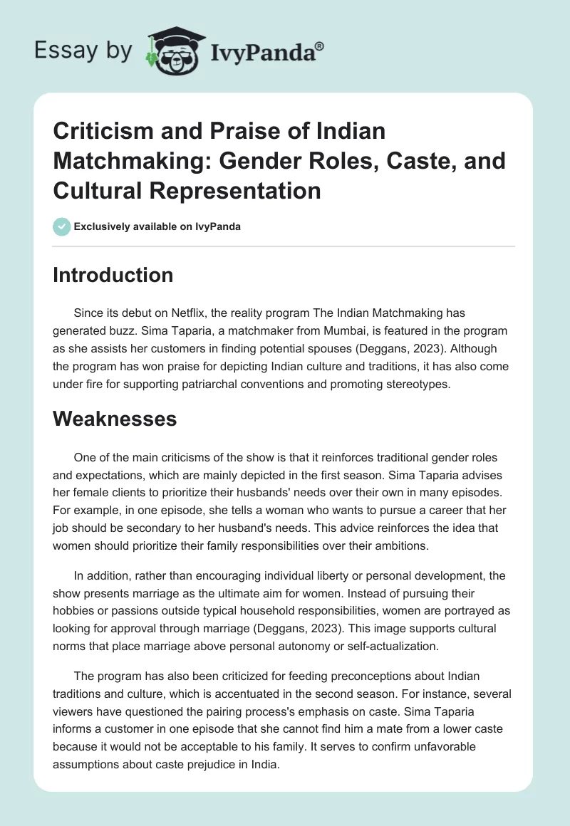 Criticism and Praise of Indian Matchmaking: Gender Roles, Caste, and Cultural Representation. Page 1