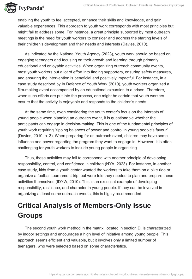 Critical Analysis of Youth Work: Outreach Events vs. Members-Only Groups. Page 2