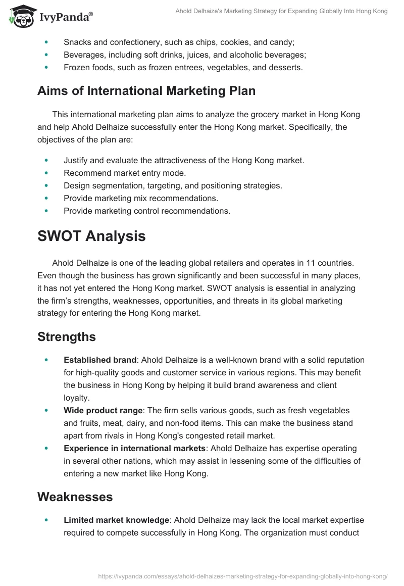Ahold Delhaize's Marketing Strategy for Expanding Globally Into Hong Kong. Page 2