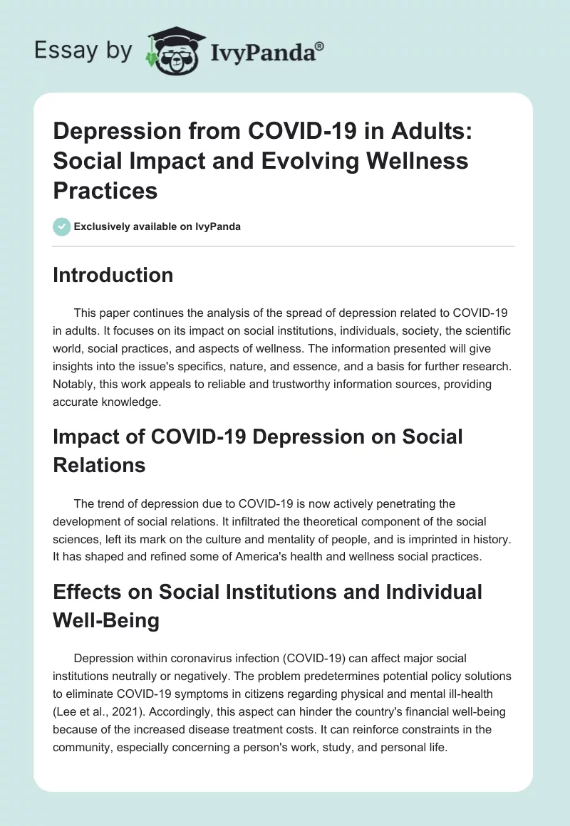 Depression from COVID-19 in Adults: Social Impact and Evolving Wellness Practices. Page 1