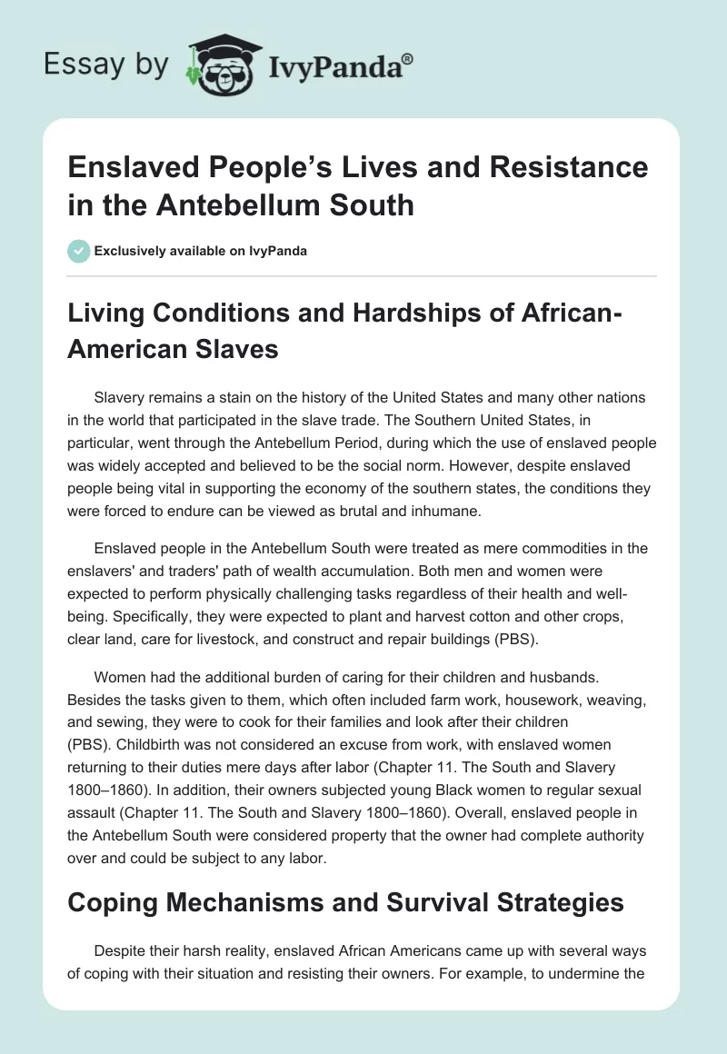 Enslaved People’s Lives and Resistance in the Antebellum South. Page 1