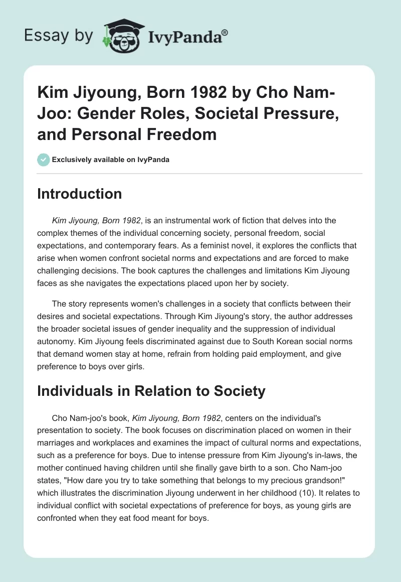 Kim Jiyoung, Born 1982 by Cho Nam-Joo: Gender Roles, Societal Pressure, and Personal Freedom. Page 1