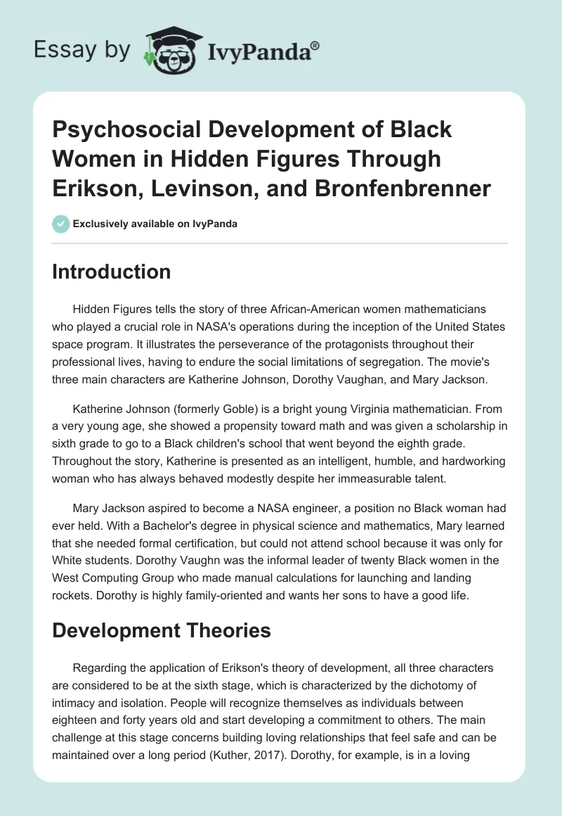 Psychosocial Development of Black Women in Hidden Figures Through Erikson, Levinson, and Bronfenbrenner. Page 1