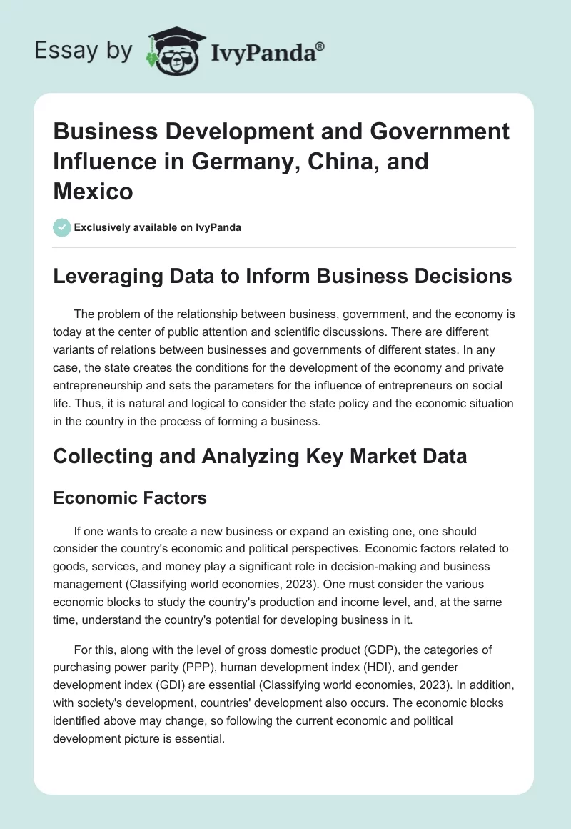 Business Development and Government Influence in Germany, China, and Mexico. Page 1