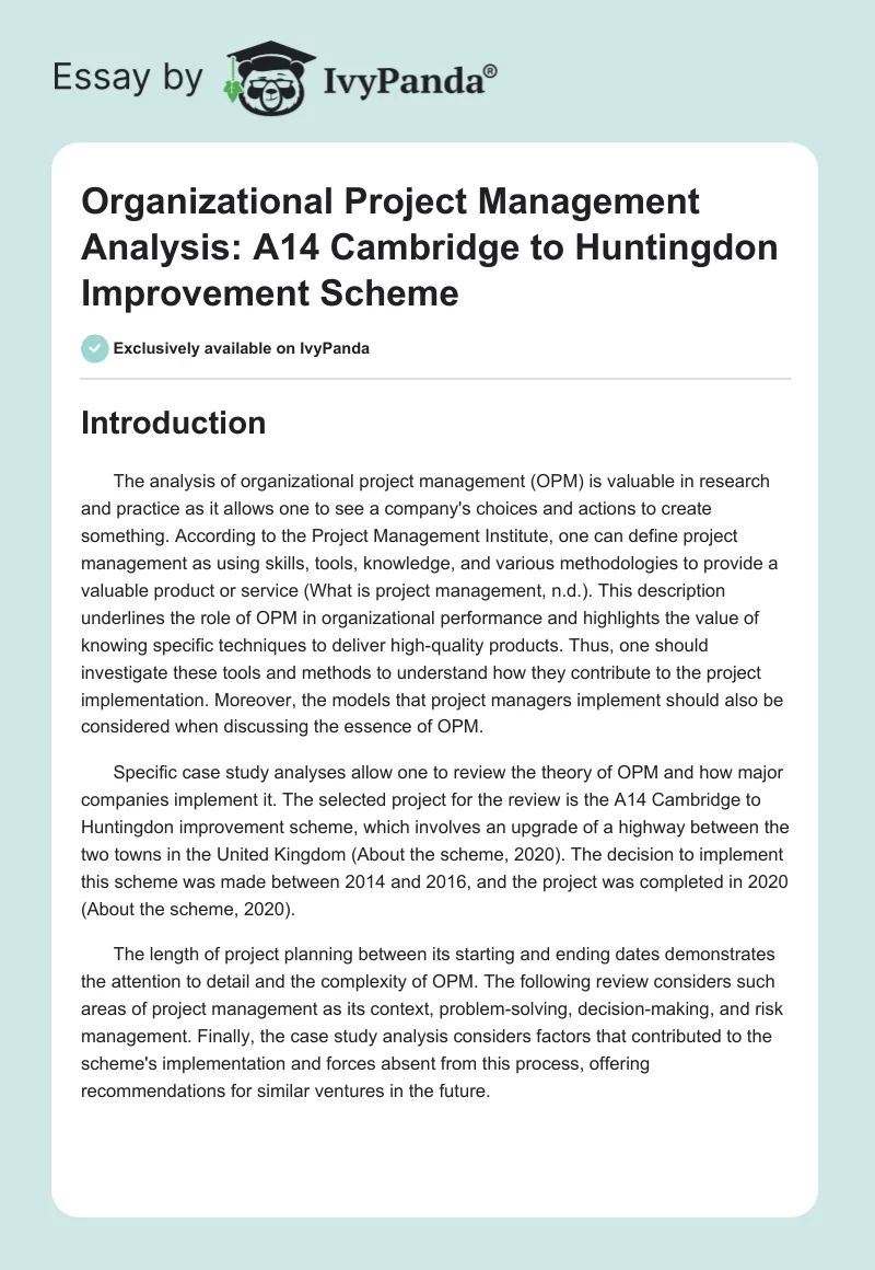 Organizational Project Management Analysis: A14 Cambridge to Huntingdon Improvement Scheme. Page 1