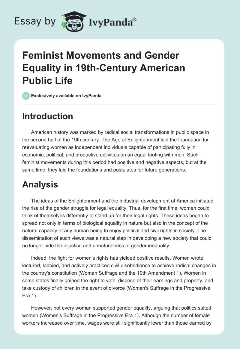 Feminist Movements and Gender Equality in 19th-Century American Public Life. Page 1
