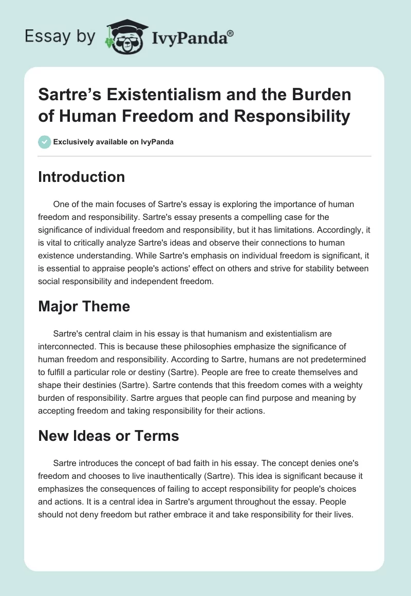Sartre’s Existentialism and the Burden of Human Freedom and Responsibility. Page 1