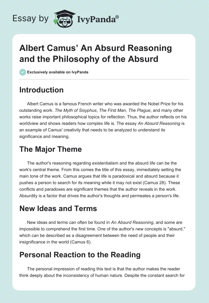 Albert Camus’ An Absurd Reasoning and the Philosophy of the Absurd. Page 1