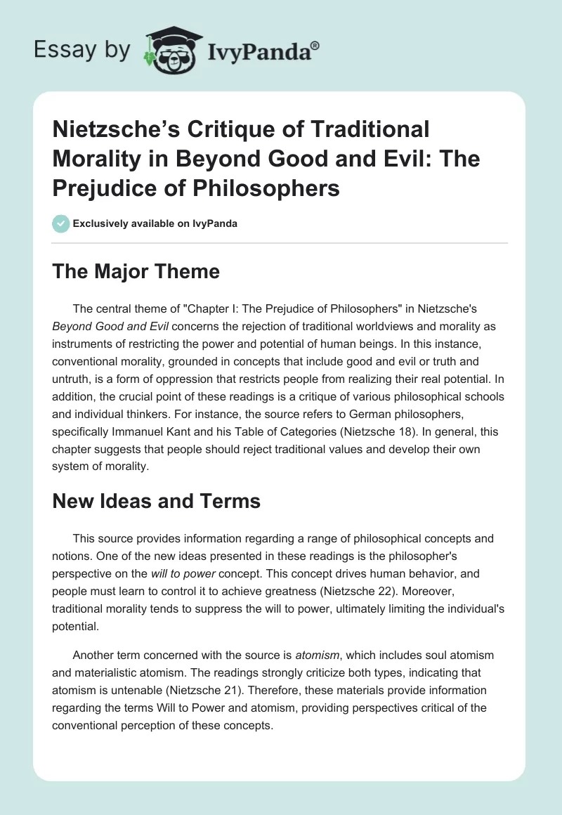 Nietzsche’s Critique of Traditional Morality in Beyond Good and Evil: The Prejudice of Philosophers. Page 1