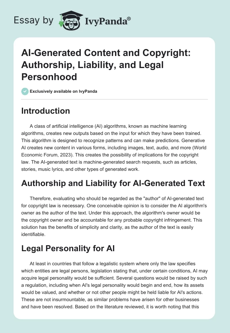 AI-Generated Content and Copyright: Authorship, Liability, and Legal Personhood. Page 1