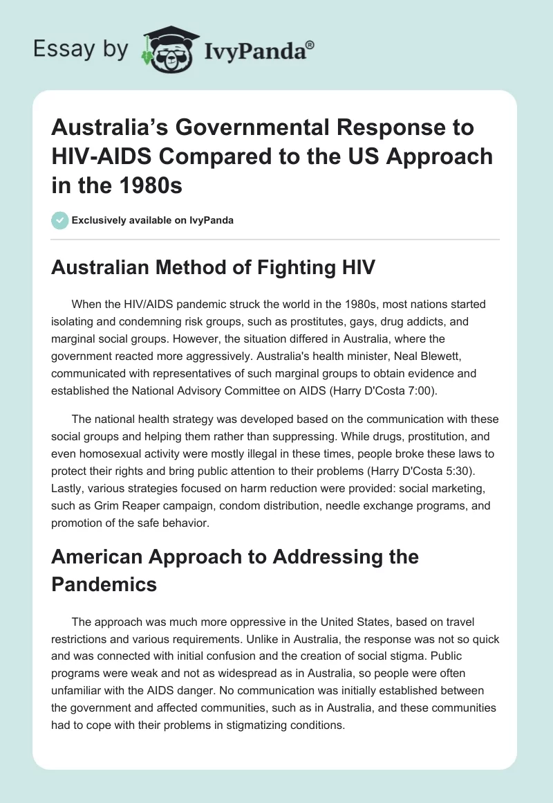 Australia’s Governmental Response to HIV-AIDS Compared to the US Approach in the 1980s. Page 1