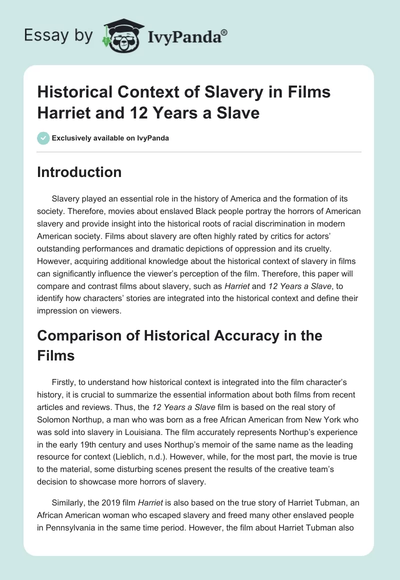 Historical Context of Slavery in Films "Harriet" and "12 Years a Slave". Page 1
