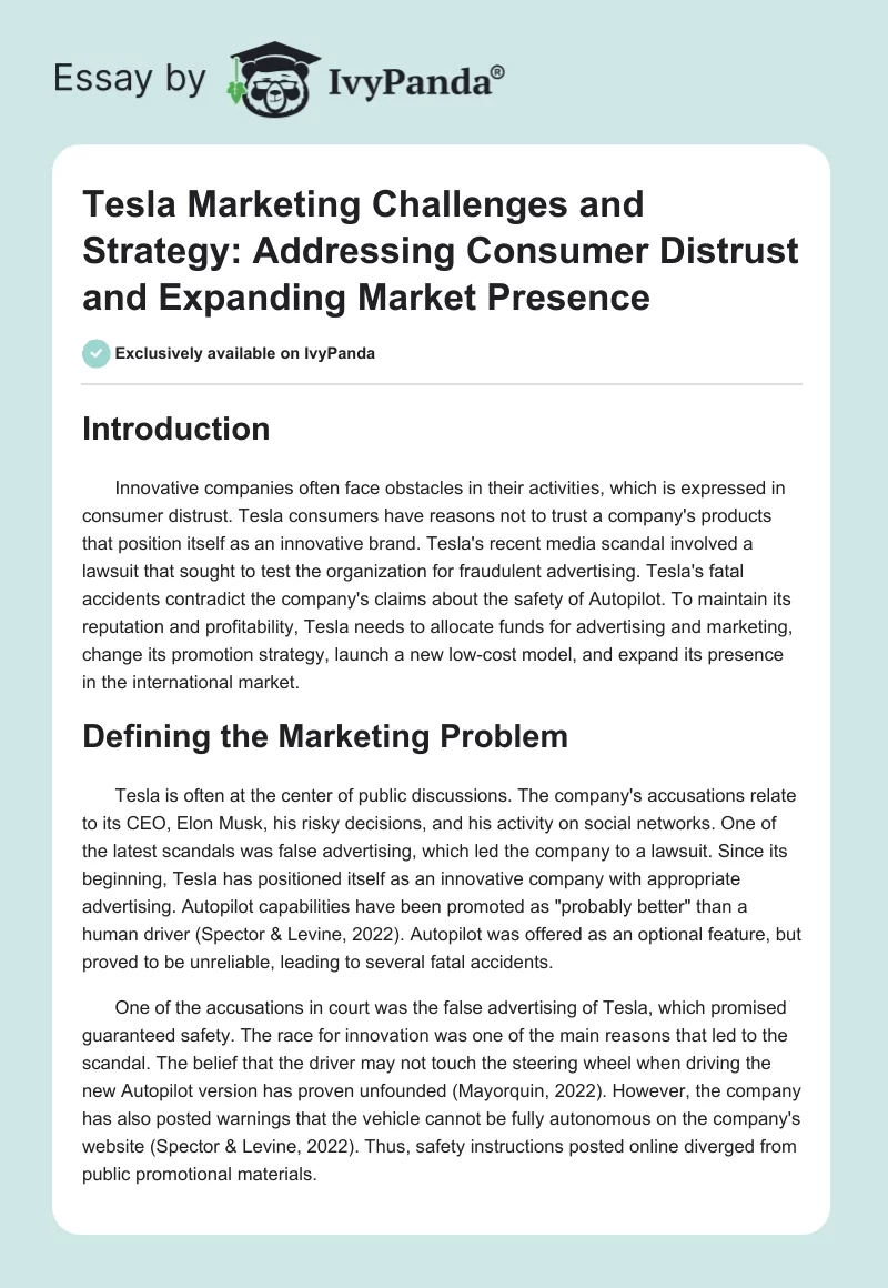 Tesla Marketing Challenges and Strategy: Addressing Consumer Distrust and Expanding Market Presence. Page 1
