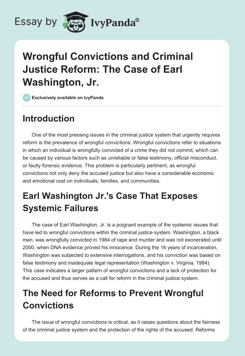 Wrongful Convictions and Criminal Justice Reform: The Case of Earl Washington, Jr.. Page 1