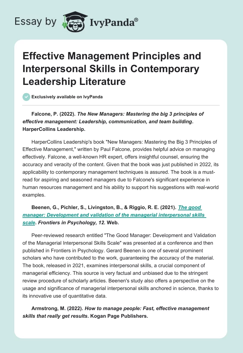 Effective Management Principles and Interpersonal Skills in Contemporary Leadership Literature. Page 1