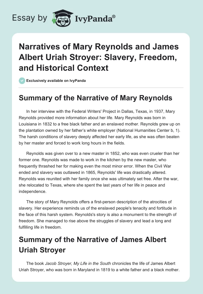 Narratives of Mary Reynolds and James Albert Uriah Stroyer: Slavery, Freedom, and Historical Context. Page 1