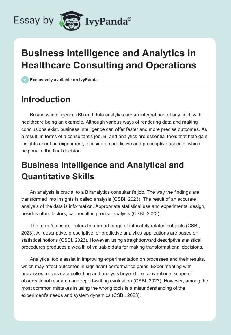 Business Intelligence and Analytics in Healthcare Consulting and Operations. Page 1