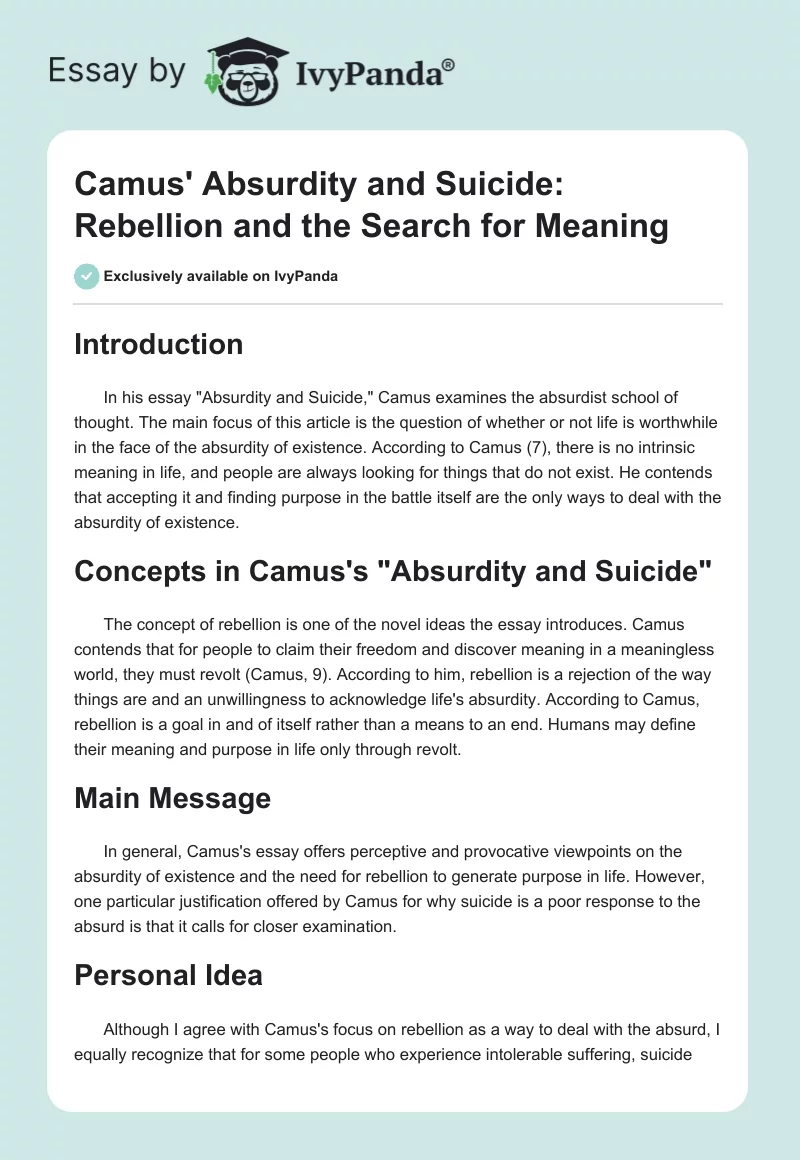 Camus' "Absurdity and Suicide": Rebellion and the Search for Meaning. Page 1