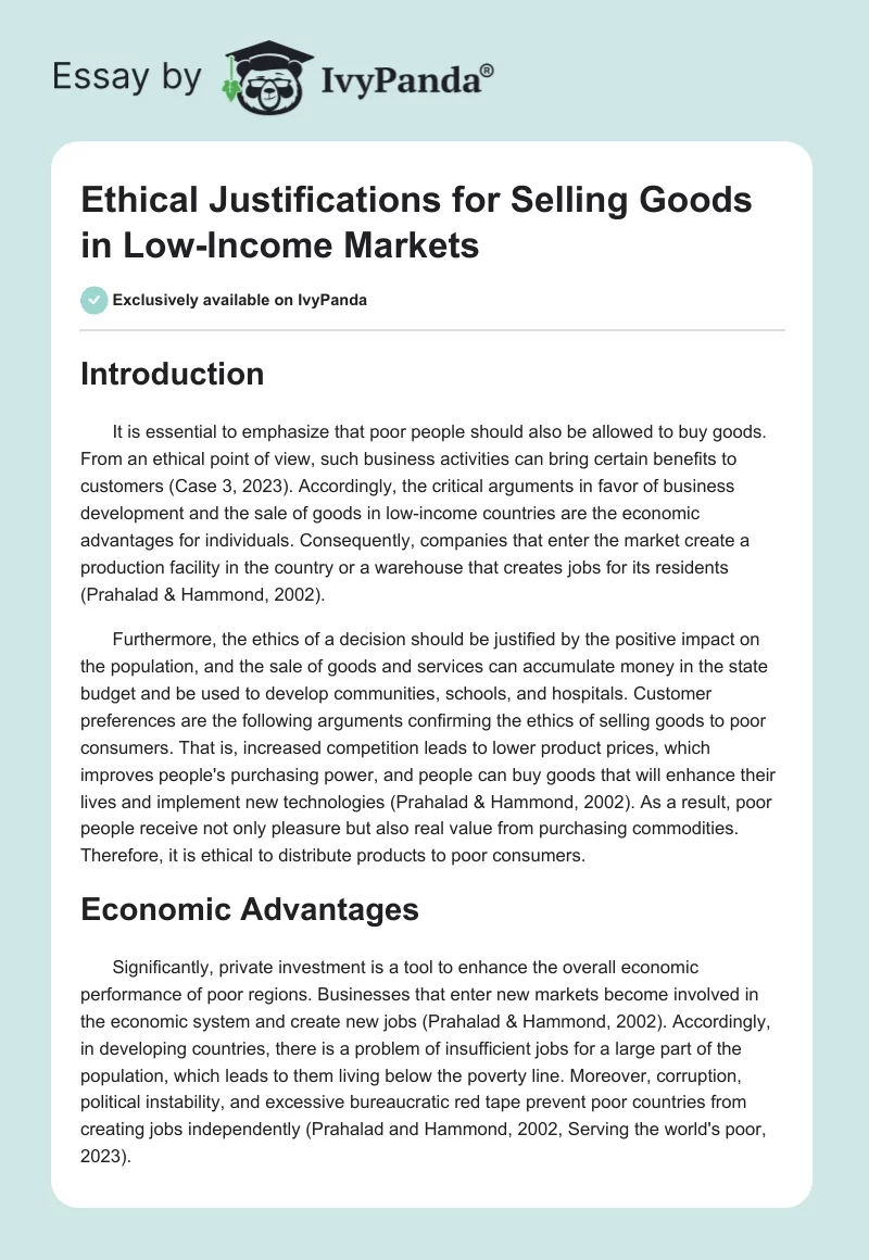Ethical Justifications for Selling Goods in Low-Income Markets. Page 1