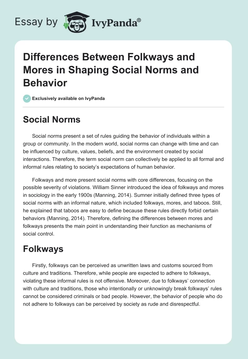 Differences Between Folkways and Mores in Shaping Social Norms and Behavior. Page 1
