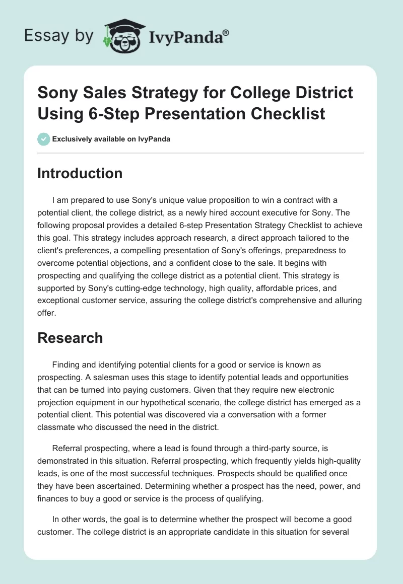 Sony Sales Strategy for College District Using 6-Step Presentation Checklist. Page 1
