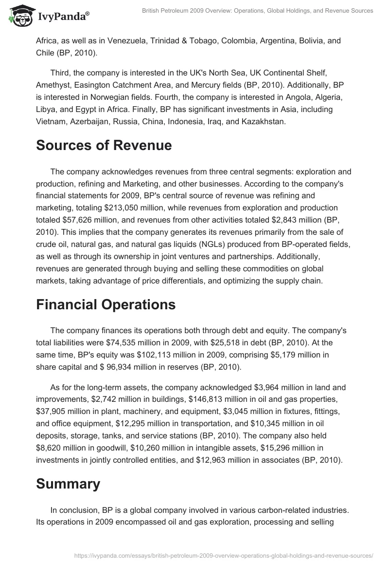 British Petroleum 2009 Overview: Operations, Global Holdings, and Revenue Sources. Page 2