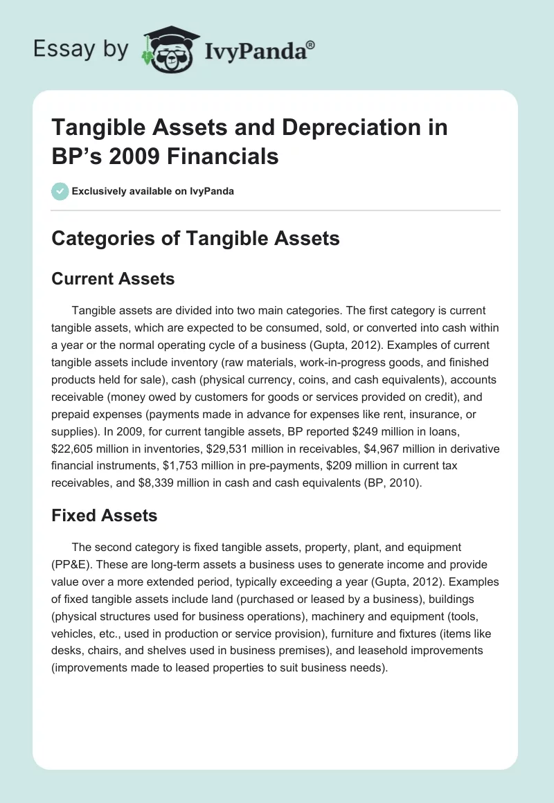 Tangible Assets and Depreciation in BP’s 2009 Financials. Page 1