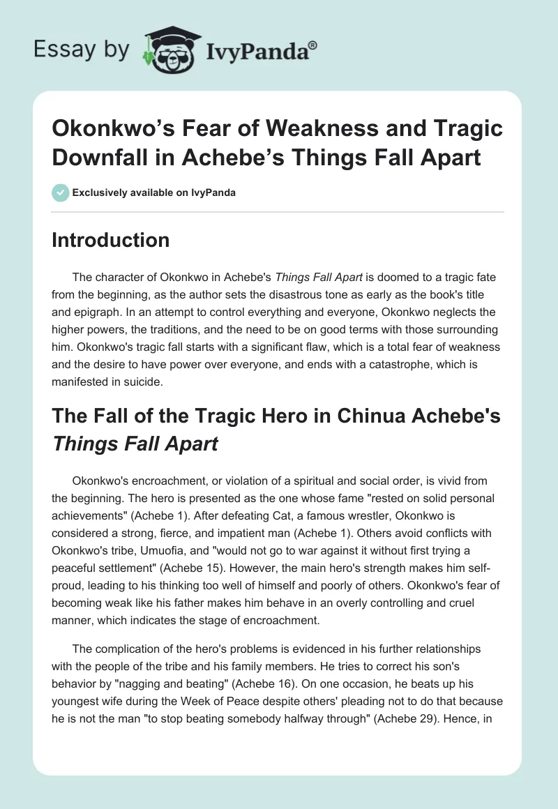 Okonkwo’s Fear of Weakness and Tragic Downfall in Achebe’s Things Fall Apart. Page 1