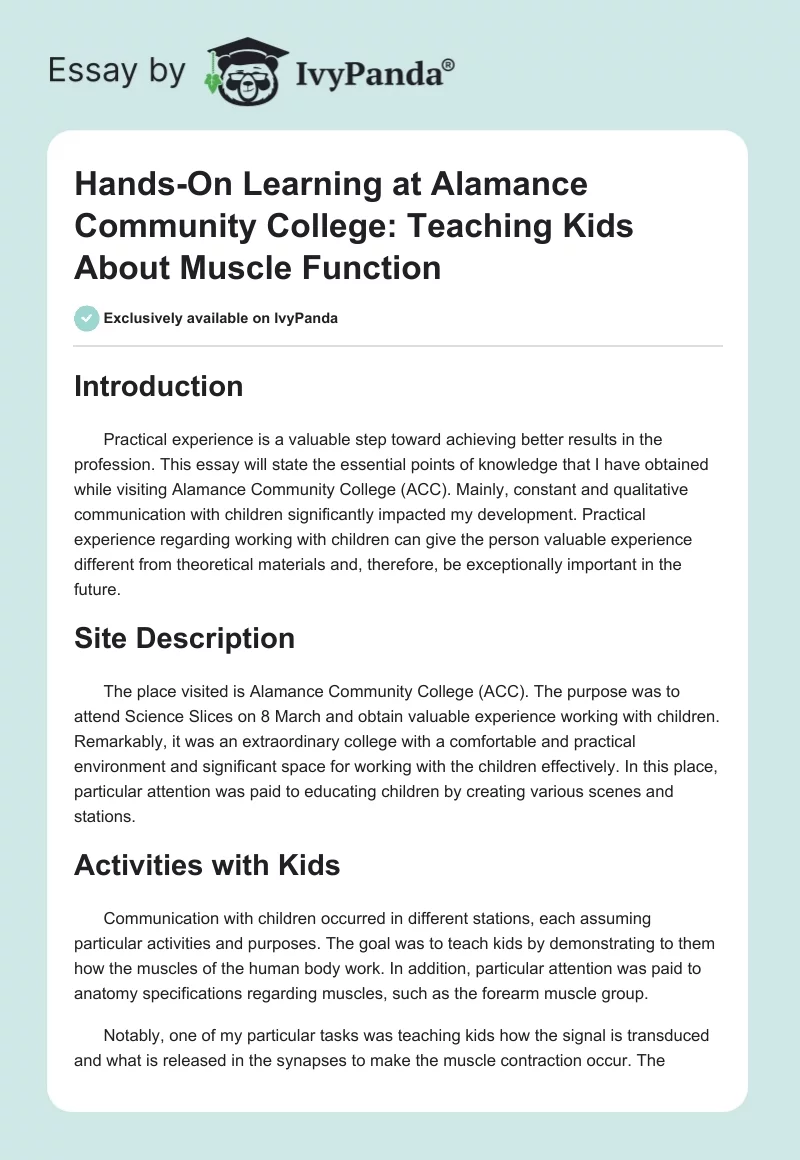 Hands-On Learning at Alamance Community College: Teaching Kids About Muscle Function. Page 1