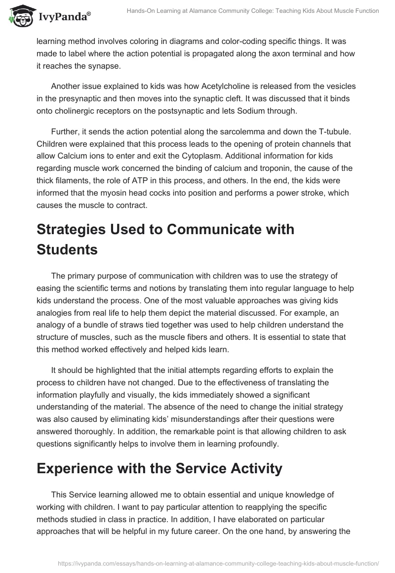 Hands-On Learning at Alamance Community College: Teaching Kids About Muscle Function. Page 2