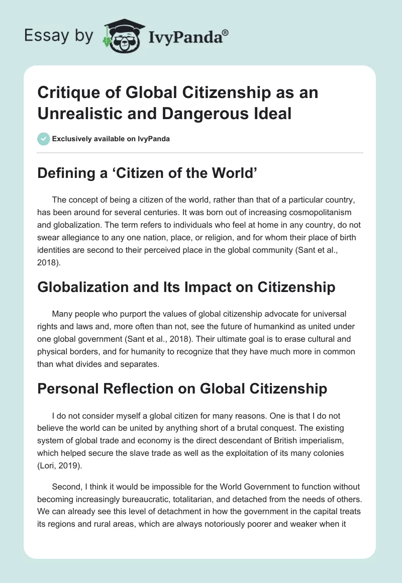 Critique of Global Citizenship as an Unrealistic and Dangerous Ideal. Page 1