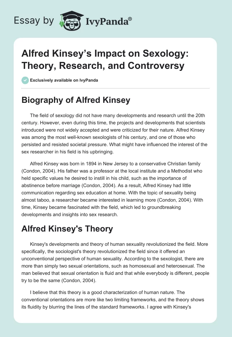Alfred Kinsey’s Impact on Sexology: Theory, Research, and Controversy. Page 1