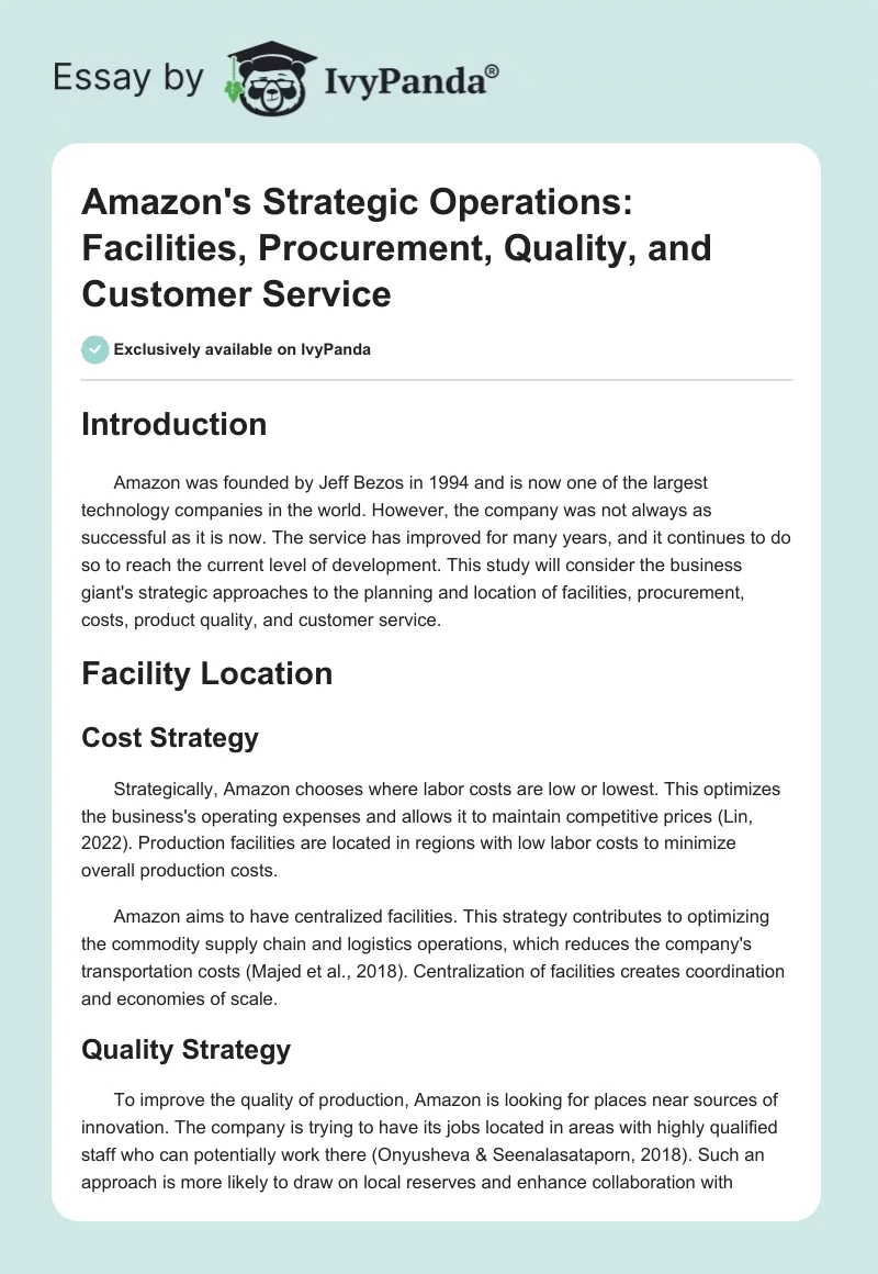 Amazon's Strategic Operations: Facilities, Procurement, Quality, and Customer Service. Page 1