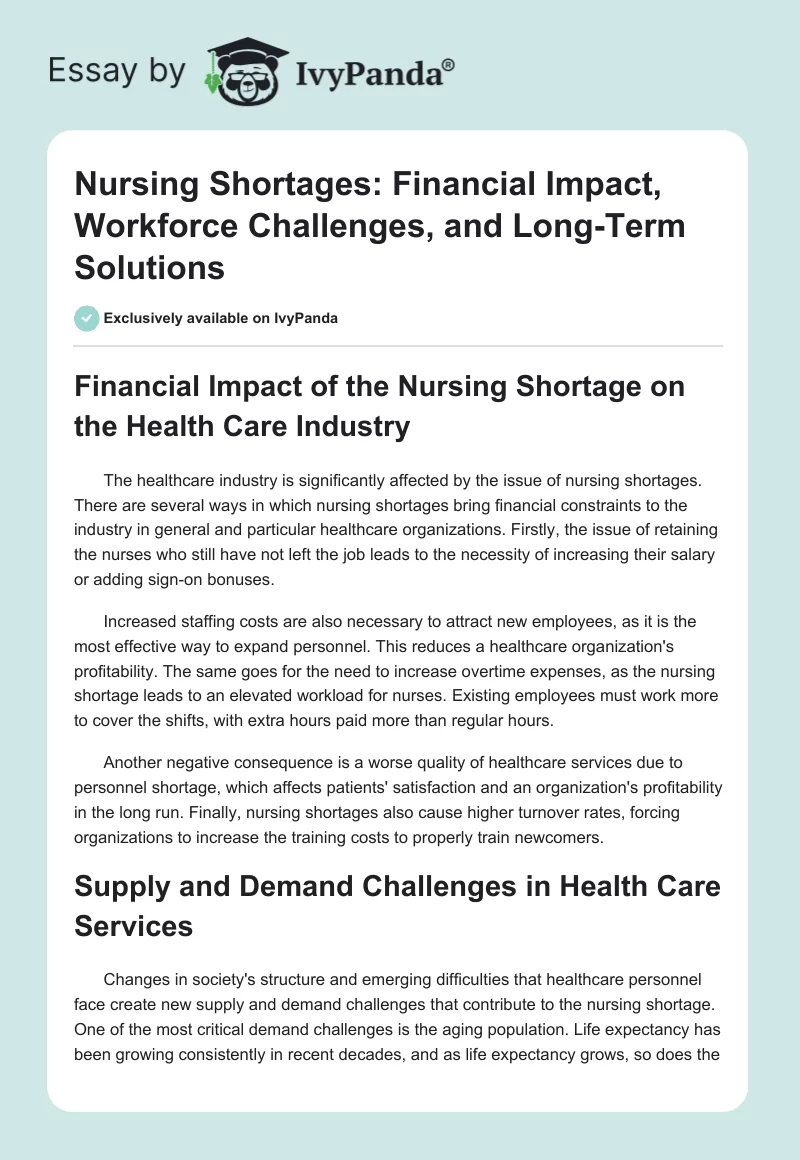 Nursing Shortages: Financial Impact, Workforce Challenges, and Long-Term Solutions. Page 1