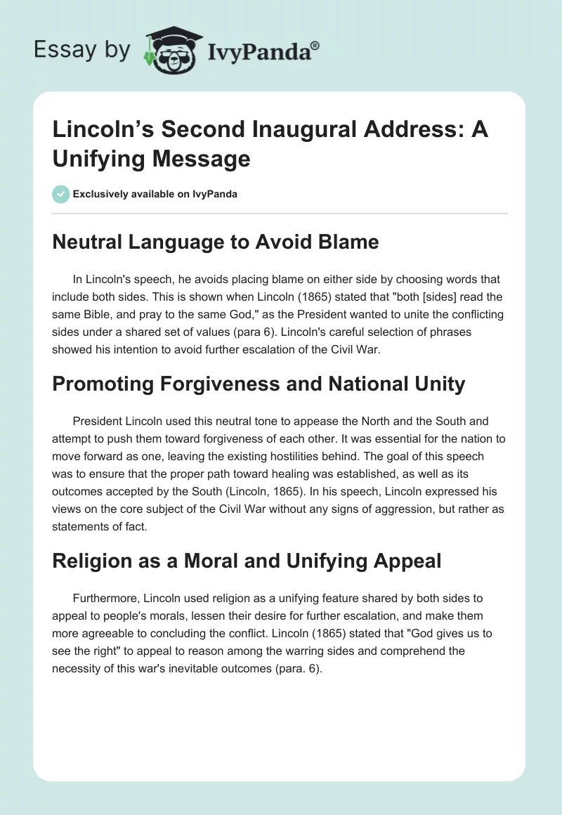 Lincoln’s Second Inaugural Address: A Unifying Message. Page 1