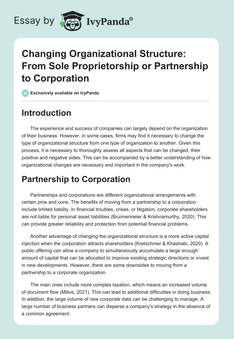Changing Organizational Structure: From Sole Proprietorship or Partnership to Corporation. Page 1