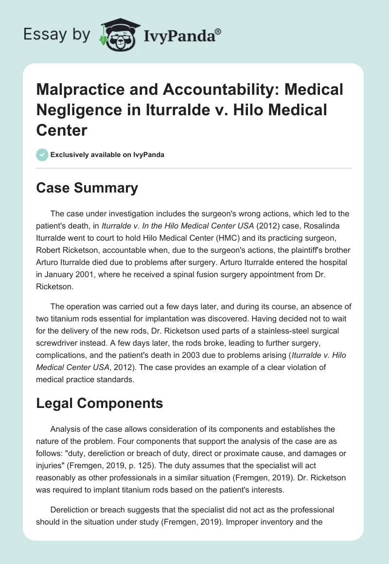 Malpractice and Accountability: Medical Negligence in Iturralde v. Hilo Medical Center. Page 1