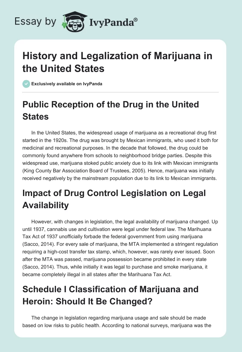 History and Legalization of Marijuana in the United States. Page 1