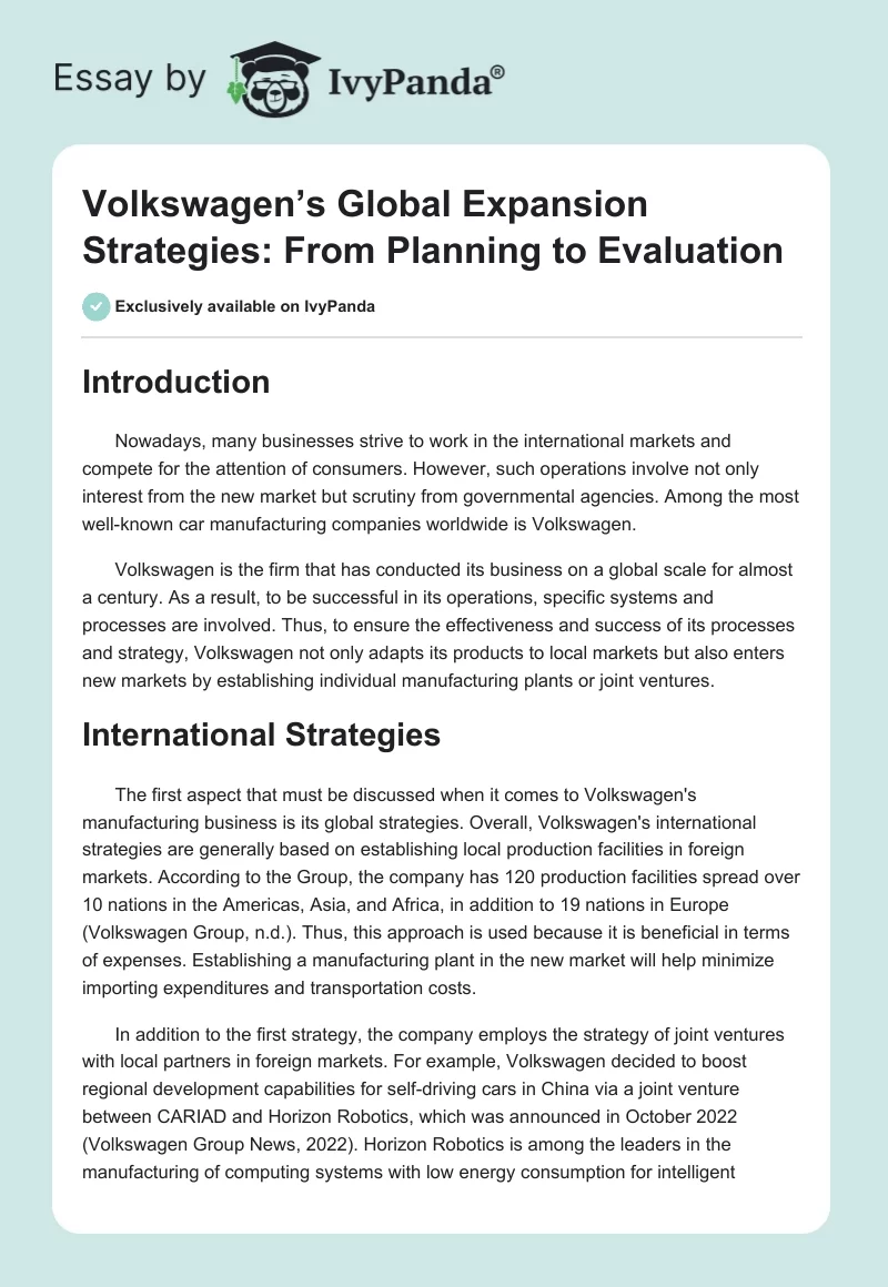 Volkswagen’s Global Expansion Strategies: From Planning to Evaluation. Page 1