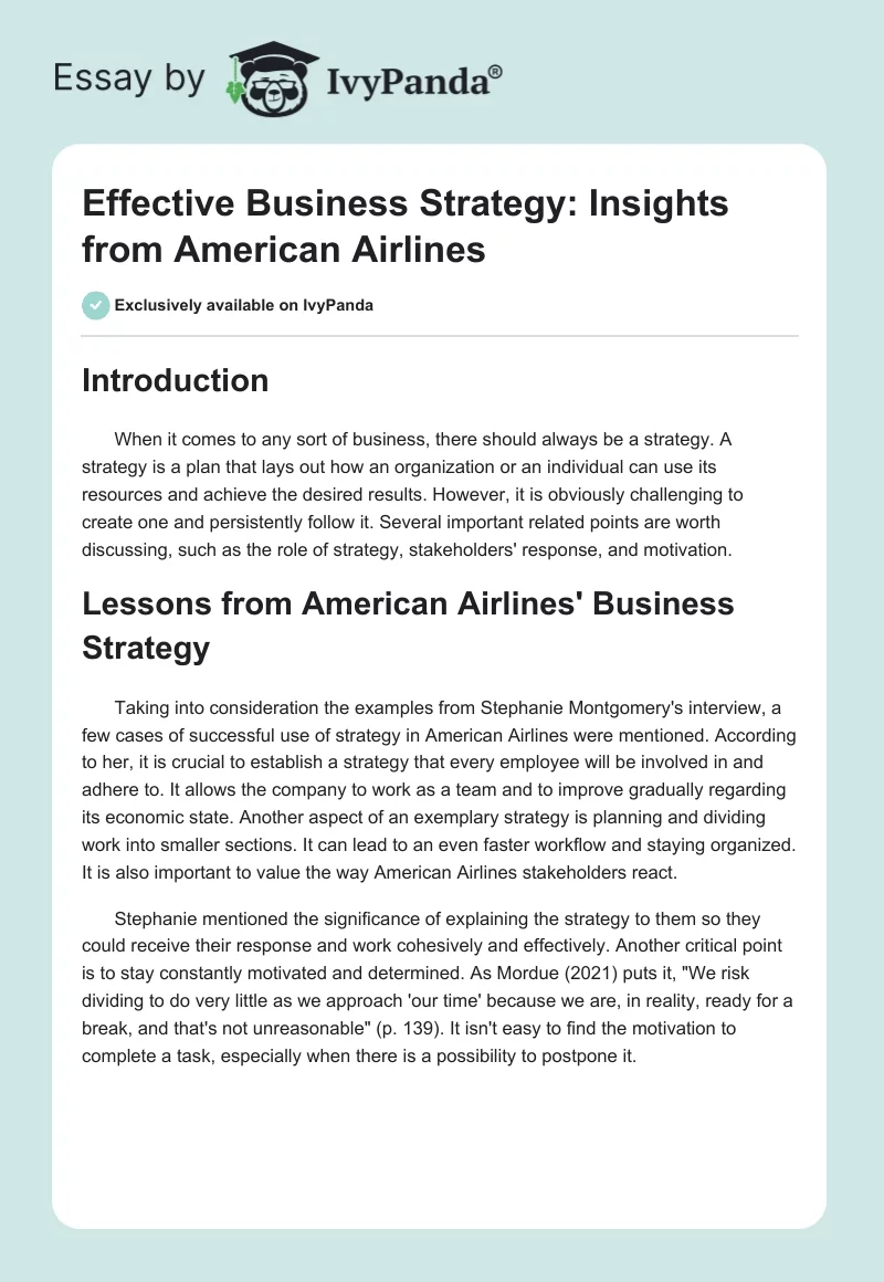 Effective Business Strategy: Insights from American Airlines. Page 1