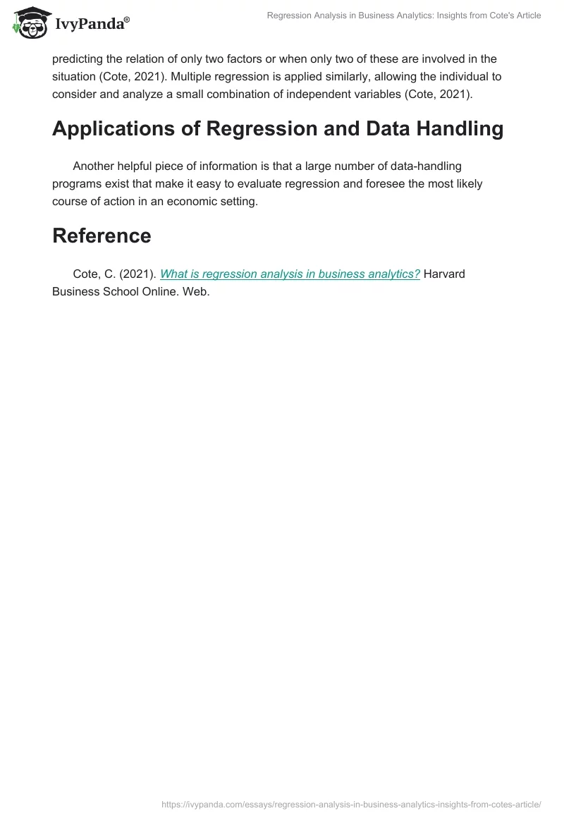Regression Analysis in Business Analytics: Insights from Cote's Article. Page 2