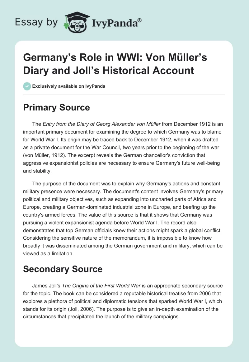 Germany’s Role in WWI: Von Müller’s Diary and Joll’s Historical Account. Page 1