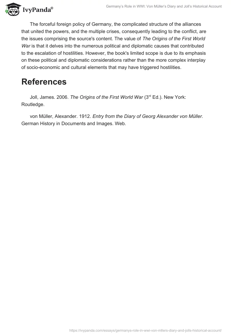 Germany’s Role in WWI: Von Müller’s Diary and Joll’s Historical Account. Page 2