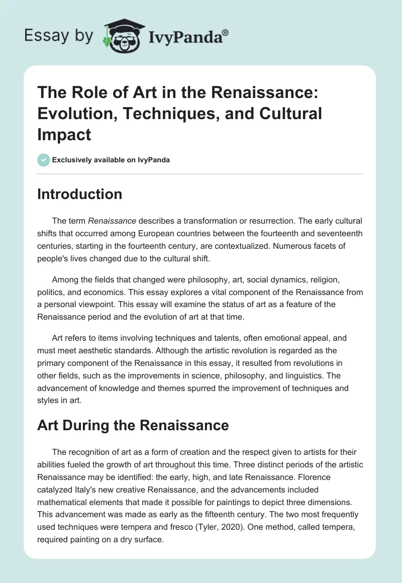 The Role of Art in the Renaissance: Evolution, Techniques, and Cultural Impact. Page 1