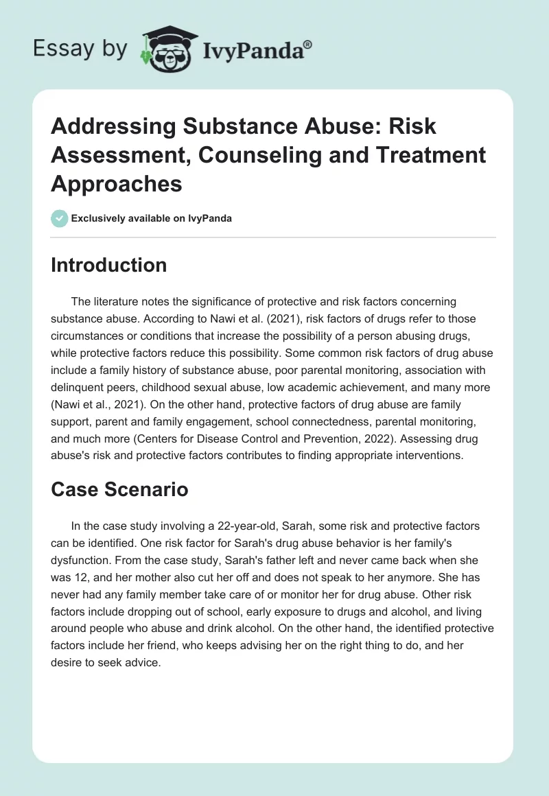 Addressing Substance Abuse: Risk Assessment, Counseling and Treatment Approaches. Page 1