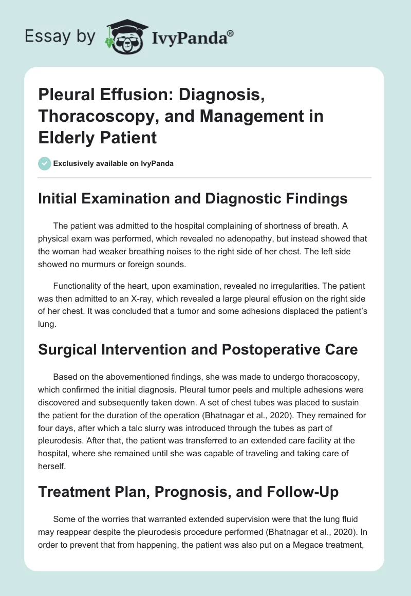 Pleural Effusion: Diagnosis, Thoracoscopy, and Management in Elderly Patient. Page 1