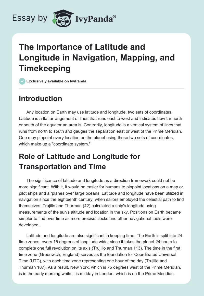The Importance of Latitude and Longitude in Navigation, Mapping, and Timekeeping. Page 1