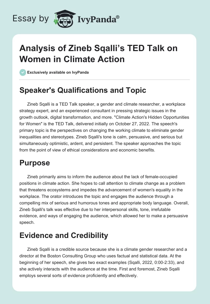 Analysis of Zineb Sqalli’s TED Talk on Women in Climate Action. Page 1