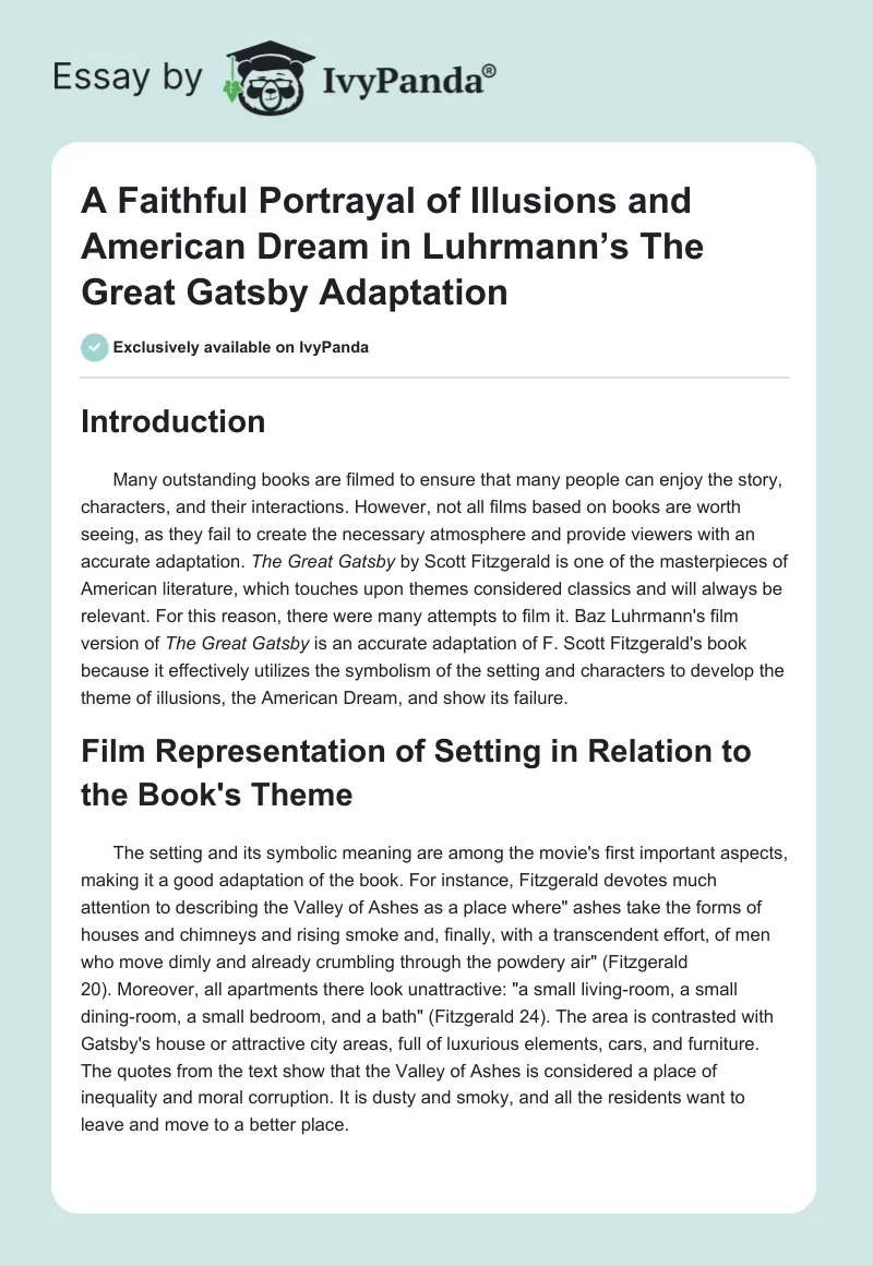 A Faithful Portrayal of Illusions and American Dream in Luhrmann’s The Great Gatsby Adaptation. Page 1